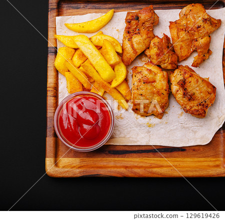 Crispy chicken and golden fries served on a wooden platter 129619426