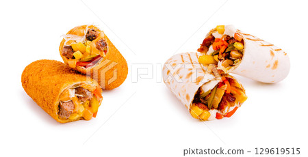 Delicious wraps filled with savory ingredients on a white background Delicious wraps filled with savory ingredients on a white background 129619515