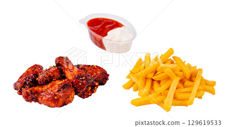 Delicious spicy chicken wings with crispy fries and dipping sauce 129619533