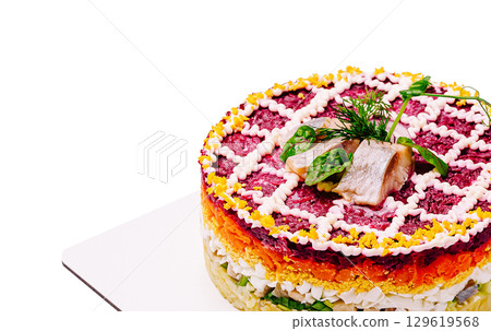 Colorful layered salad showcases vibrant ingredients and creative presentation Colorful layered salad showcases vibrant ingredients and creative presentation 129619568