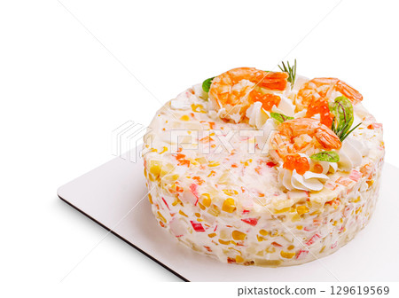Colorful seafood cake decorated with shrimp and vegetables for special occasions Colorful seafood cake decorated with shrimp and vegetables for special occasions 129619569