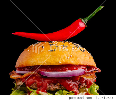 Juicy hamburger topped with fresh ingredients and a spicy chili pepper Juicy hamburger topped with fresh ingredients and a spicy chili pepper 129619683