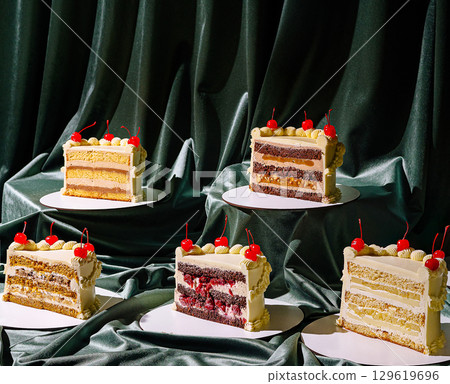 Delightful assortment of layered cakes on a green velvet backdrop Delightful assortment of layered cakes on a green velvet backdrop 129619696