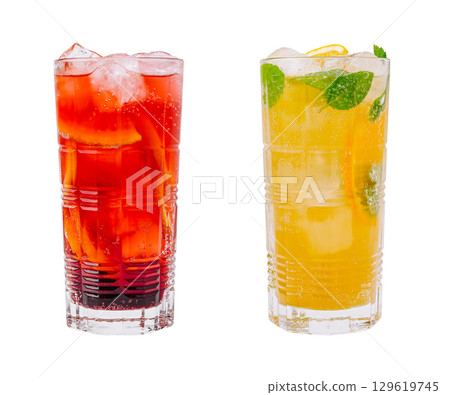 Refreshing fruit beverages with vibrant colors served in tall glasses Refreshing fruit beverages with vibrant colors served in tall glasses 129619745