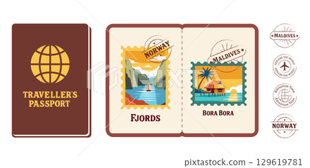 Retro Travellers Passport with Editable Stamps and Vintage Postage Marks in a vector illustration 129619781