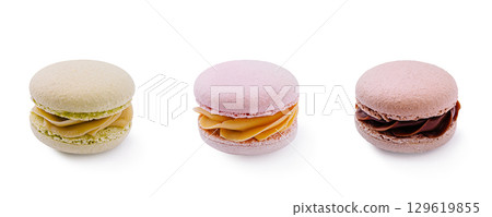 Colorful assortment of macarons on a clean white surface 129619855