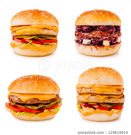 Creative burger assortment featuring various ingredients and flavors 129619914