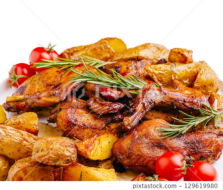 Juicy roasted chicken with potatoes and fresh herbs on a white platter 129619980