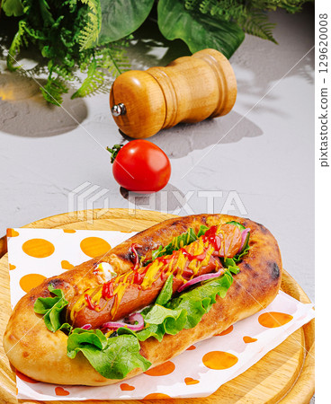 Delicious hot dog served in a fresh bun with toppings and tomato nearby 129620008
