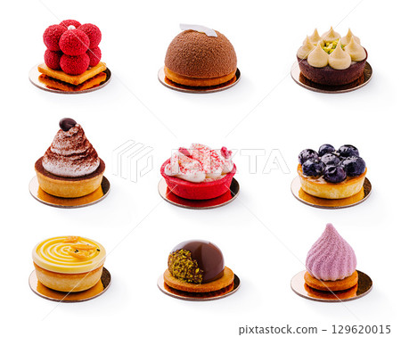 Delicious assortment of pastries displayed in an elegant arrangement 129620015