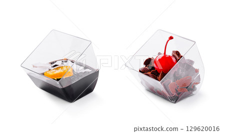 Refreshing dessert and drink served in stylish glass containers 129620016