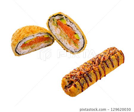 Sushi rolls with crispy coating served on a white background 129620030