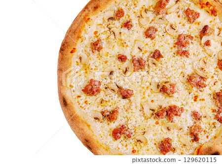 Delicious pizza topped with sausage and mushrooms, ready to enjoy Delicious pizza topped with sausage and mushrooms, ready to enjoy 129620115