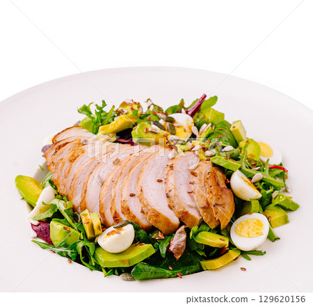 Grilled chicken salad with fresh vegetables and hard-boiled eggs Grilled chicken salad with fresh vegetables and hard-boiled eggs 129620156
