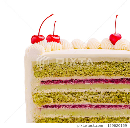 Colorful layered cake decorated with cherries on top for celebration Colorful layered cake decorated with cherries on top for celebration 129620169