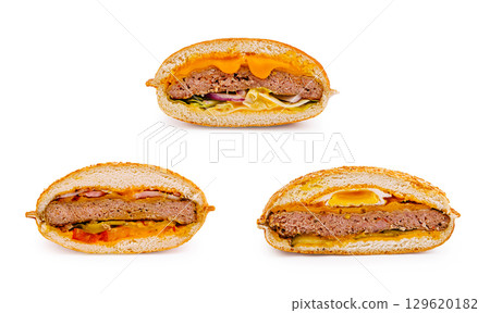 Delicious burger selection showcasing various toppings and textures 129620182