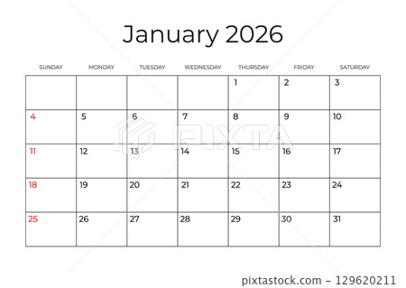 Printable Monthly Calendar template for January 2026. Week Starts on SUNDAY. Wall Calendar in a Minimalist Style. Simple and clean design. Vector illustration Printable Monthly Calendar template for January 2026. Week Starts on SUNDAY. Wall Calendar in a Minimalist Style. Simple and clean design. Vector illustration 129620211