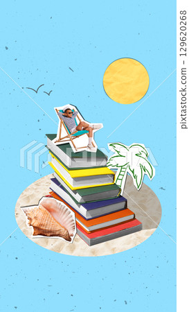 Bold colorful poster of man in deck chair relaxing on stacked books with seashell and palm tree under sun 129620268