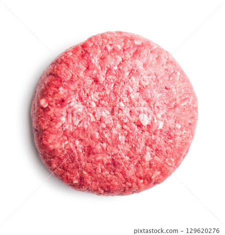 Raw burger beef patties isolated on white background. 129620276