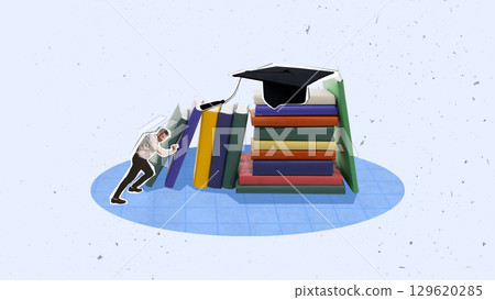 Trendy collage of businessman pushing falling books toward graduation cap symbolizing educational effort Trendy collage of businessman pushing falling books toward graduation cap symbolizing educational effort 129620285