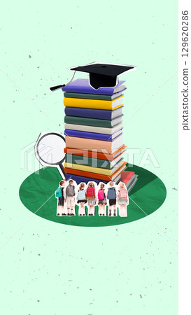Colorful poster of schoolchildren with backpacks near tall stack of colorful books and graduation cap Colorful poster of schoolchildren with backpacks near tall stack of colorful books and graduation cap 129620286