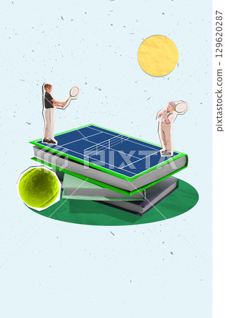 Contemporary collage of tennis match on book-shaped court with players and large tennis ball under sun Contemporary collage of tennis match on book-shaped court with players and large tennis ball under sun 129620287