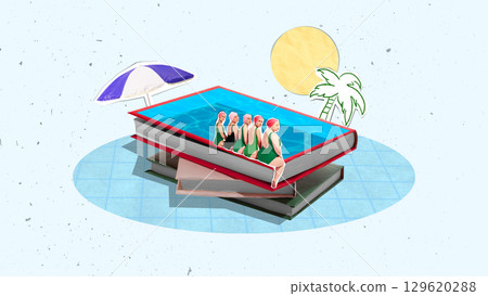 Digital artwork of synchronized swimmers in book-shaped pool under sun and palm tree 129620288