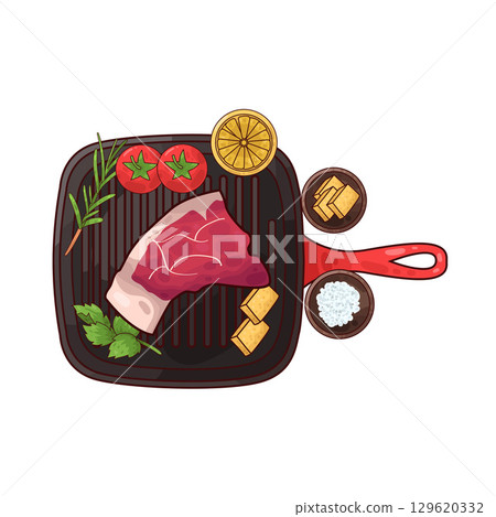illustration of meat on a grilling pan with various accompaniments 129620332