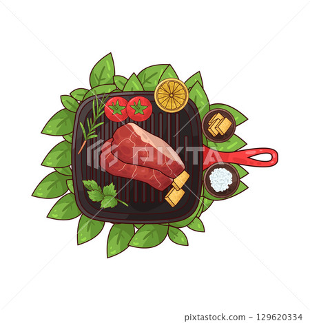 illustration of meat on a grilling pan with various accompaniments 129620334