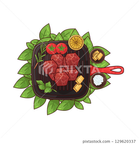 illustration of meat on a grilling pan with various accompaniments 129620337