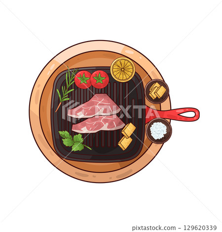illustration of meat on a grilling pan with various accompaniments illustration of meat on a grilling pan with various accompaniments 129620339
