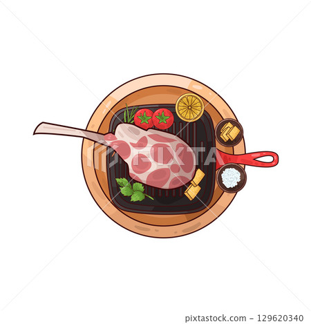 illustration of meat on a grilling pan with various accompaniments 129620340