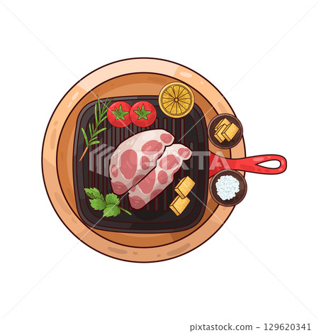 illustration of meat on a grilling pan with various accompaniments 129620341