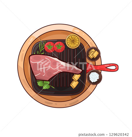 illustration of meat on a grilling pan with various accompaniments 129620342