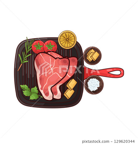 illustration of meat on a grilling pan with various accompaniments 129620344