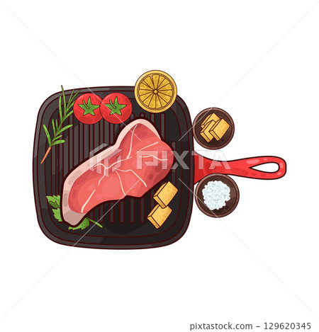 illustration of meat on a grilling pan with various accompaniments 129620345