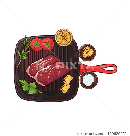 illustration of meat on a grilling pan with various accompaniments illustration of meat on a grilling pan with various accompaniments 129620351