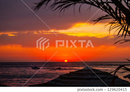 Beautiful sunset above sea. Palm tree and bungalow roof. Photo Wallpaper 129620415