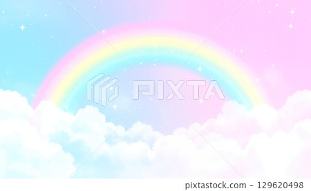 粉紅色和藍色的天空，閃閃發光的雲彩和柔和的彩虹 129620498