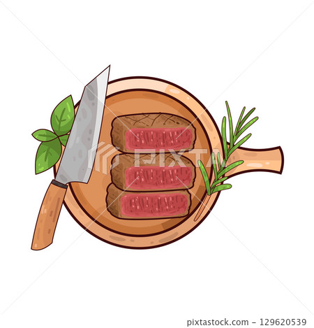 illustration of meat on a wooden cutting board alongside a knife and herbs 129620539