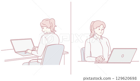 Two women work diligently on laptops in a modern workspace filled with innovation 129620698