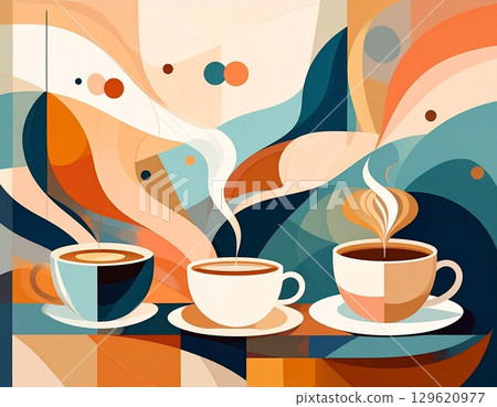 Cafe themed abstract modern art background with geometric depictions of coffee and latte Cafe themed abstract modern art background with geometric depictions of coffee and latte 129620977