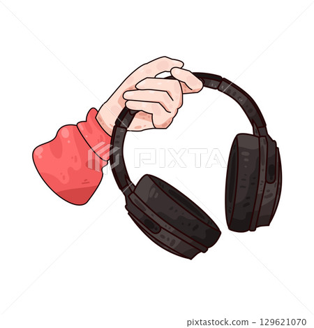 illustration of hand holding headphone illustration of hand holding headphone 129621070