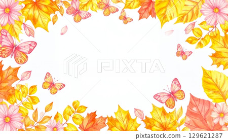 秋天的花朵和粉紅色蝴蝶邊框 秋天的花朵和粉紅色蝴蝶邊框 129621287