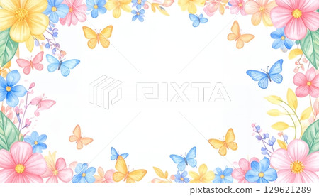 Pastel flower and butterfly border frame Pastel flower and butterfly border frame 129621289