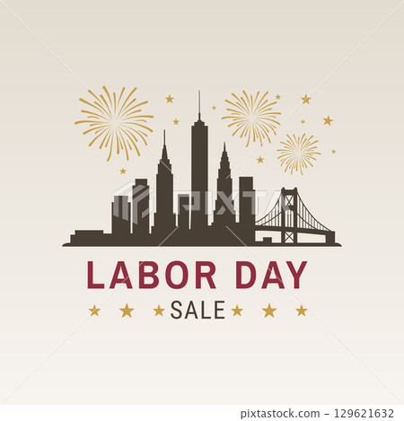 labor day skyline banner with fireworks and stars 129621632