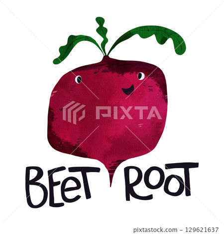 Adorable hand-drawn beet with a happy face, perfect for kids' books, educational tools, or playful kitchen decor. Fun, colorful child-friendly illustration with bold text Adorable hand-drawn beet with a happy face, perfect for kids' books, educational tools, or playful kitchen decor. Fun, colorful child-friendly illustration with bold text 129621637