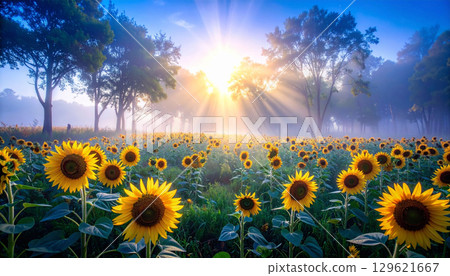 Sunflowers blooming in the morning mist 129621667