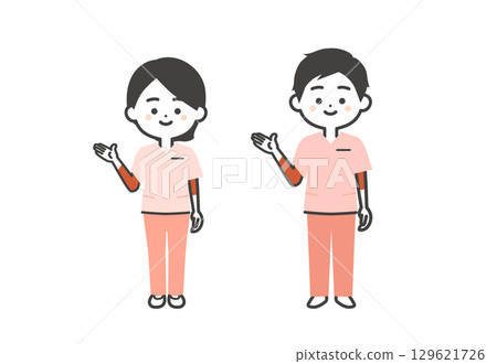 一名男子和一名女子穿著手術服,用手指著的立體插圖 一名男子和一名女子穿著手術服,用手指著的立體插圖 129621726