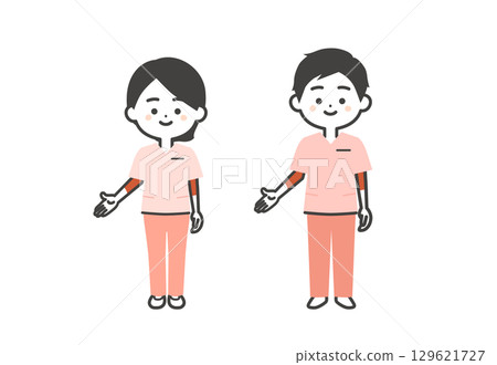 一名男子和一名女子穿著向下指向的手術服的三維插圖 一名男子和一名女子穿著向下指向的手術服的三維插圖 129621727